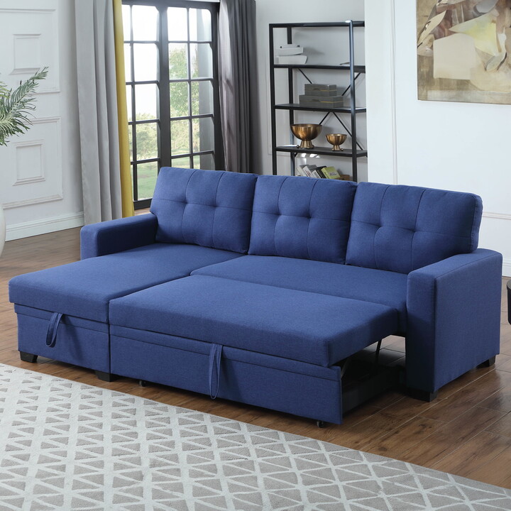 Aukfa Sofa Bed, Sectional Sleeper Sofa, Pull Out Bed with Storage Chaise for Living Room, Linen, Blue
