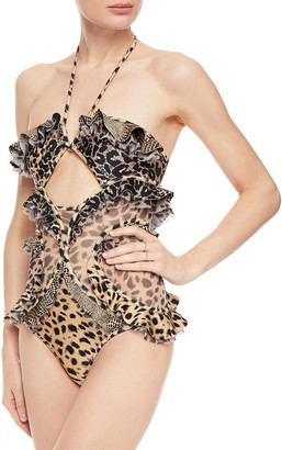 Zimmermann Allia Circular Frill Mesh-paneled Leopard-print Halterneck Swimsuit