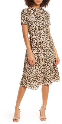 AVEC LES FILLES Leopard Mock Neck Short Sleeve Dress
