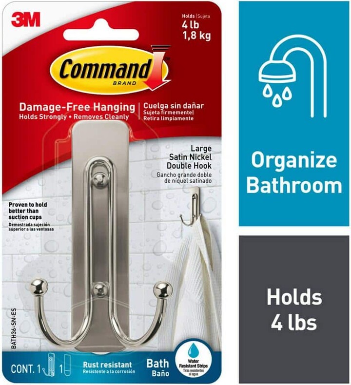 Command 4 lb. Large Double Bath Hook in Satin Nickel