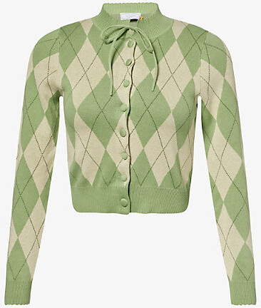House of Sunny Womens Matcha Argyle Cotton-Knit Cardigan 18