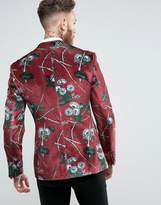 Thumbnail for your product : ASOS Design Super Skinny Blazer In Burgundy Velvet With Blue Floral Print