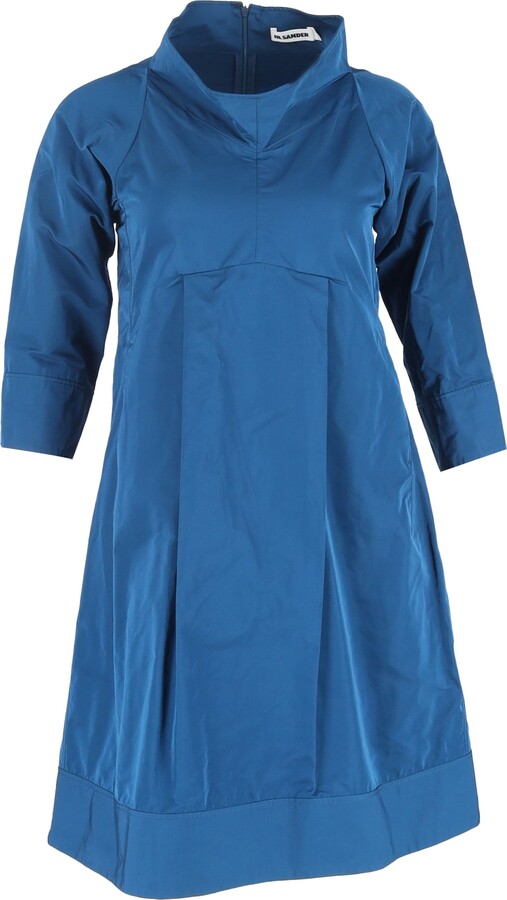 Jil Sander High-Collared 3/4 Sleeve Knee-Length Dress in Navy Blue Cotton
