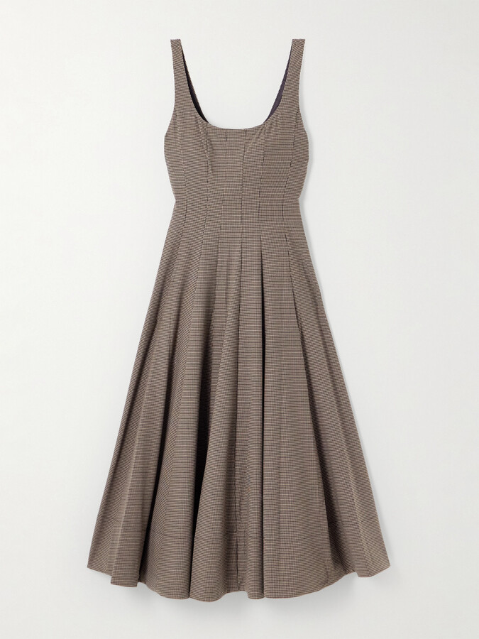 STAUD - Wells Pleated Houndstooth Poplin Midi Dress - Brown