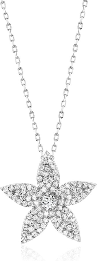 Suzy Levian White Sterling Silver White Cubic Zirconia Pave Curved Flower Pendant