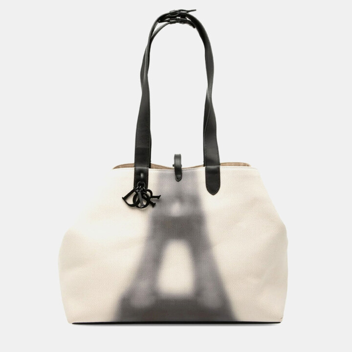 Christian Dior Toujours Large Beige Black Canvas Leather Tote Bag