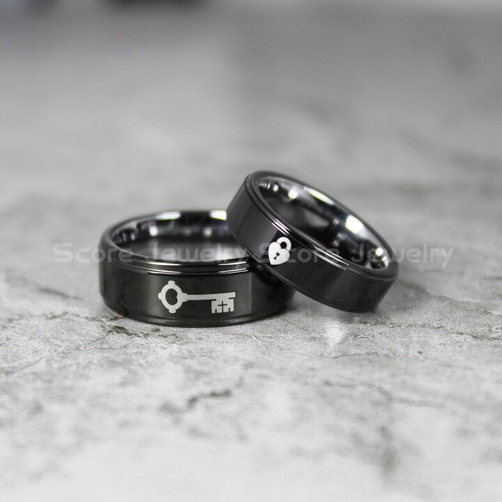 Etsy Lock & Key Rings 2 Piece Couple Set Tungsten Rings With Step Edge Heart 8mm & 6mm Black Wedding
