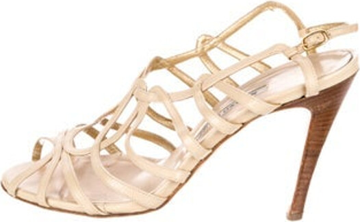 Manolo Blahnik Leather Slingback Sandals Neutrals Multistrap & Buckle Closure at Ankles Includes Box