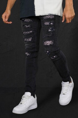 boohoo Mens Black Skinny Rip & Repair Bandana Biker Jeans - ShopStyle