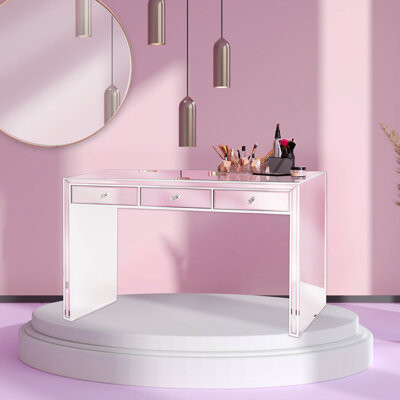 Everly Quinn Leah Premium Mirrored Vanity Table with Chic Mirrored Finished on Drawers Panels Legs and Tabletop