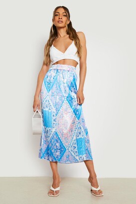 boohoo Scarf Print Satin Pleated Midaxi Skirt