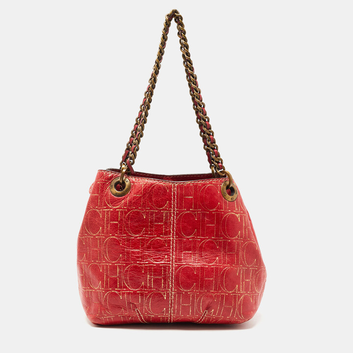 Carolina Herrera Red Monogram Embossed Leather Chain Tote For Sale at  1stDibs
