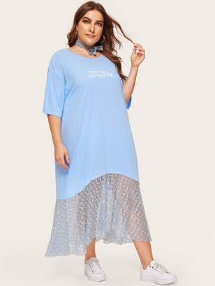 Shein Plus Contrast Lace Letter Print Dress