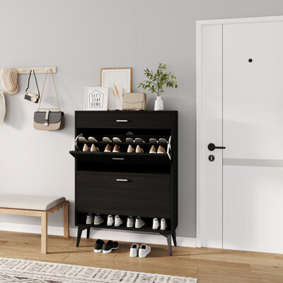 16 Pair Shoe Storage Cabinet with 2 Flip Drawers,Farmhouse Shoe Cabinet for Entryway