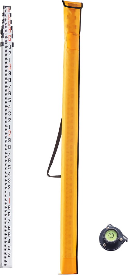 KFFKFF 18-Foot Aluminum Telescopic Measuring Rod, 6-Section Double-Sided Scale Leveling Stick, 1/10ft Graduations,Durable Aluminum Alloy Survey Rod with Bubble Level and Carrying Bag for Construction