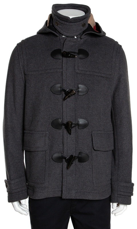 Burberry Grey Wool Detachable Hood Duffle Coat L - ShopStyle