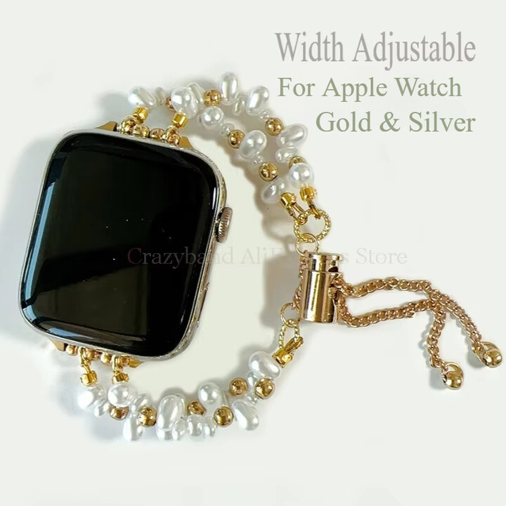crazyband 38/40/41mm Metal Women Fine for IWatch 7 8 9 Band 42/44/45/46/49mm for Apple Watch SE Ultra2 Irregular Pearl Gold Watch Bracelet