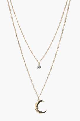 boohoo Ava Diamante & Moon Layered Necklace