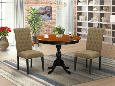 Canora Grey 3-Piece Black and Cherry Finish Solid Wood Top - Button Tufted Upholstered Dining Room Set - Seats-4