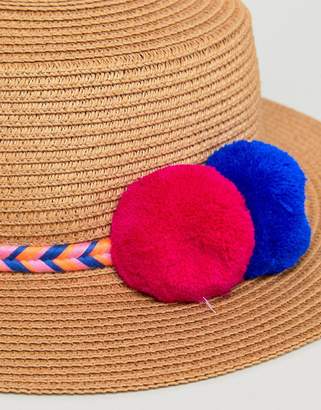 Liquorish Summer Straw Hat With Embroiderd Brait And Pom Pom Detail
