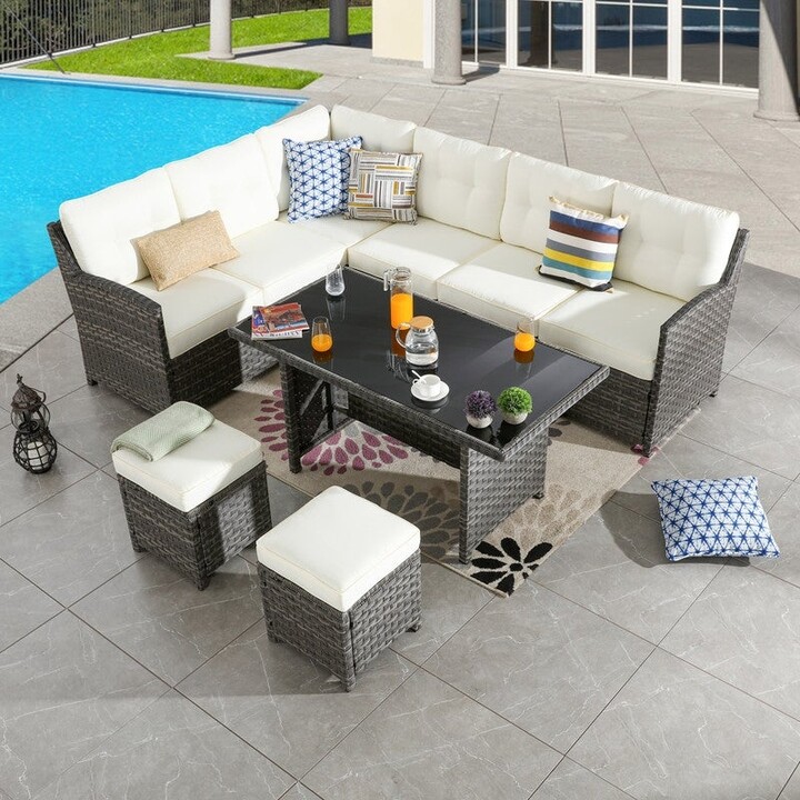 Outdoor Wicker Dining Seating Sofa Set, Patio Festival 5 Piece Outdoor Dining Set