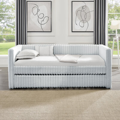 Mercer41 Twin Size Daybed, Upholstered Sofa Bed,The Bottom Pulls Out To Form A Bed ,Striped Corduroy Fabric, Twin Size Daybed