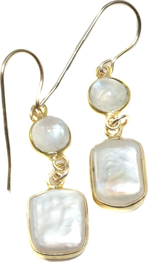 Etsy Pearl Earrings 14K Solid Gold Or Filled Bezel Rainbow Blue Faceted Moonstone Double Hung Freshwater Cultured Pearls Rectangle Cut Drop