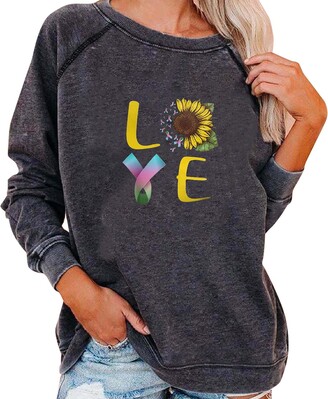Ziuata Fashion Women Casual Tees Sunflower Love Letter Printing O-neck Long Sleeve Loose Sweatshirt Tops T-shirt Blouse White