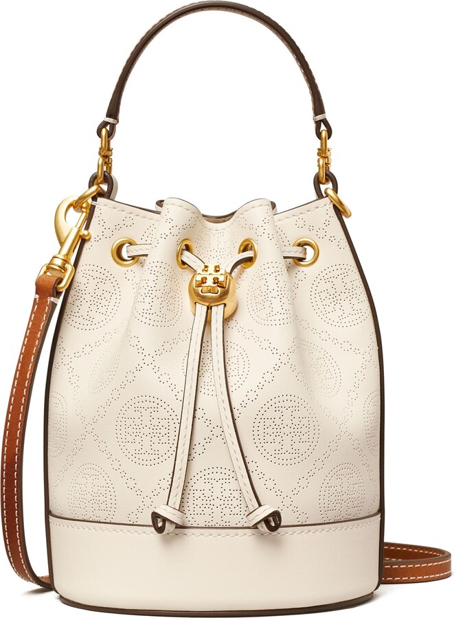 Tory Burch Mini T Monogram Perforated Leather Bucket Bag in Black