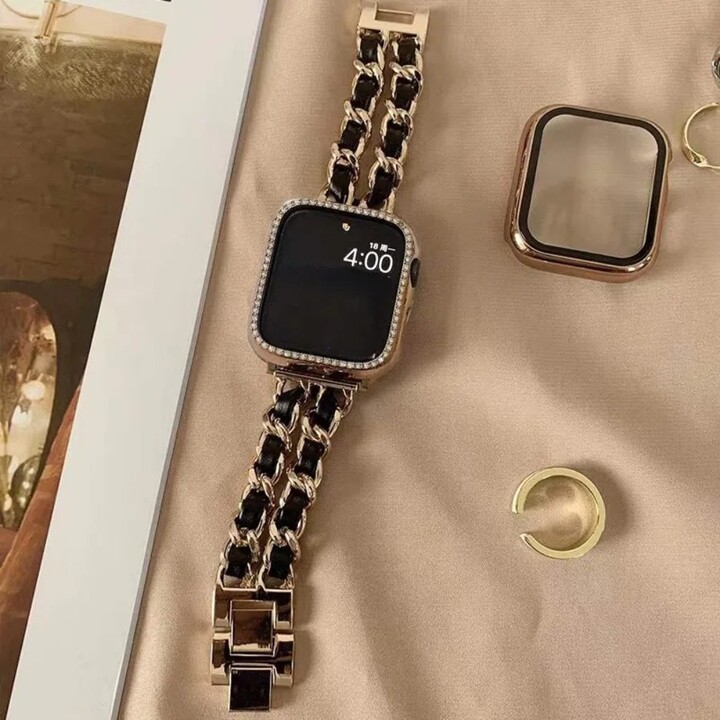 Jaytop Women Gold Wristband for Apple Watch Band 10 46mm 9 8 Ultra 2 49mm 7 SE 6 5 41 45mm 38/42mm 44 40mm Strap Metal Leather Bracelet