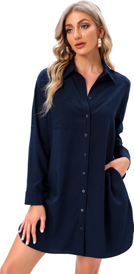 MANAIXUAN Women's Shirt Dress V Neck Long Sleeve Loose Casual with Pockets Front Button