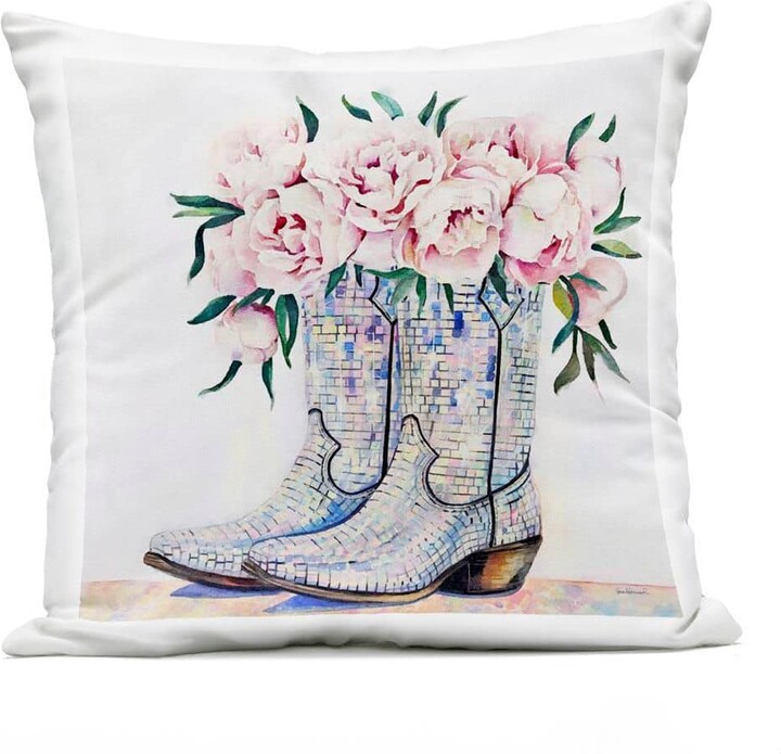 Rose Filled Cowgirl Boots Green Square Outdoor Throw Pillow