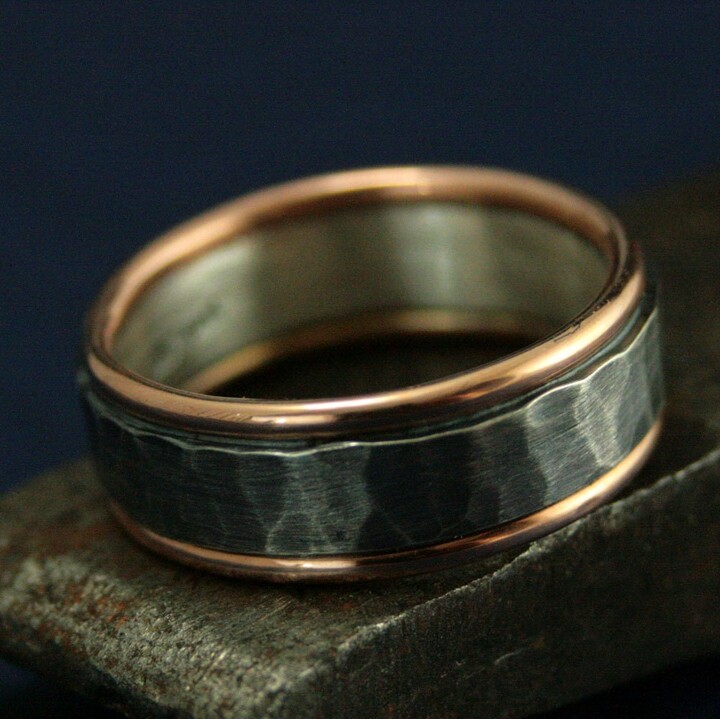 Etsy Two Tone Band8mm Wide ParagonHammered BandRustic RingGold & Silver BandMen's Wedding RingOxidized RingMen's Band