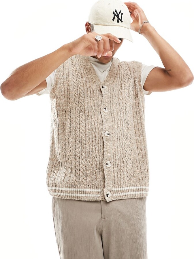 ASOS DESIGN oversized cable knit sleeveless cricket cardigan tank in tan -  ShopStyle
