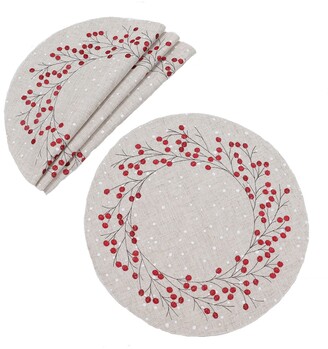 Manor Luxe Holly Berry Wreath Embroidered Christmas Placemats 16" Round, Set of 4