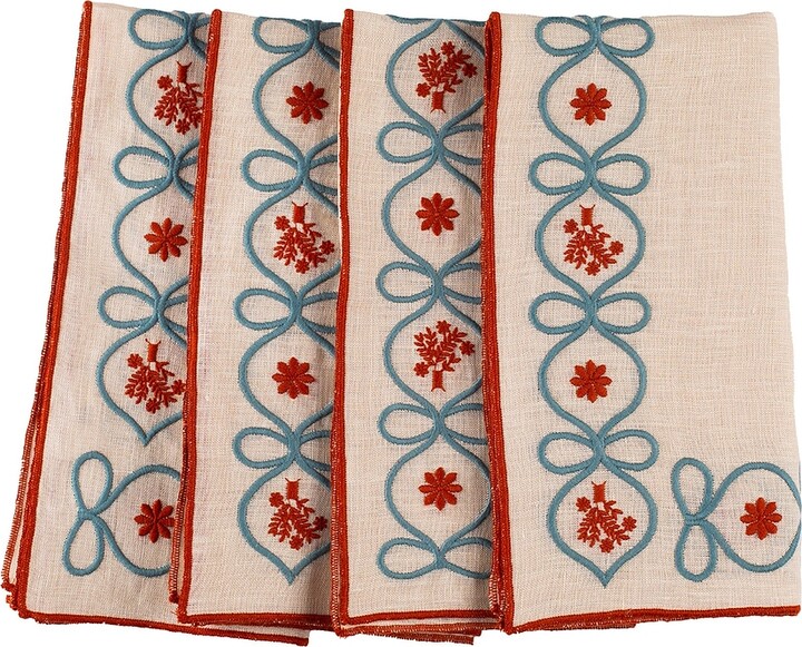 Misette Embroidered Linen Napkins Set Of 4 in Beige