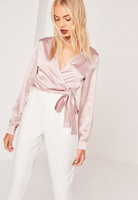 Missguided Long Sleeve Satin Wrap Front Crop Pink