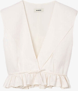 Sandro Womens Ecru V-Neck Ruffle-Hem Cropped Linen-Blend Top 8
