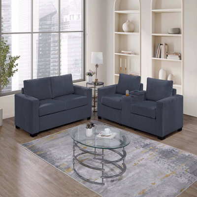 Latitude Run Elegant Simple Sofa W Console Cup Holder And Loveseat 2Pcs Sofa Set Light Gray Wide-Welt Corduroy Living Room Couch