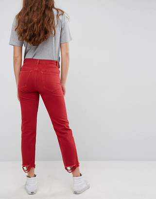 ASOS Florence Authentic Straight Leg Jeans In Red With Disheveled Hem
