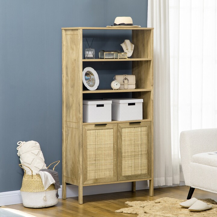 Bookshelf, Storage with 3 Open Shelves and Natural Rattan Decor, Bookcase ShopStyle