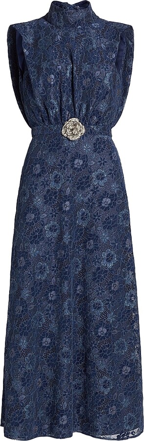 Women's Fleur Velvet Lace Belted Maxi Dress - Metallic Navy Rose - Size 2