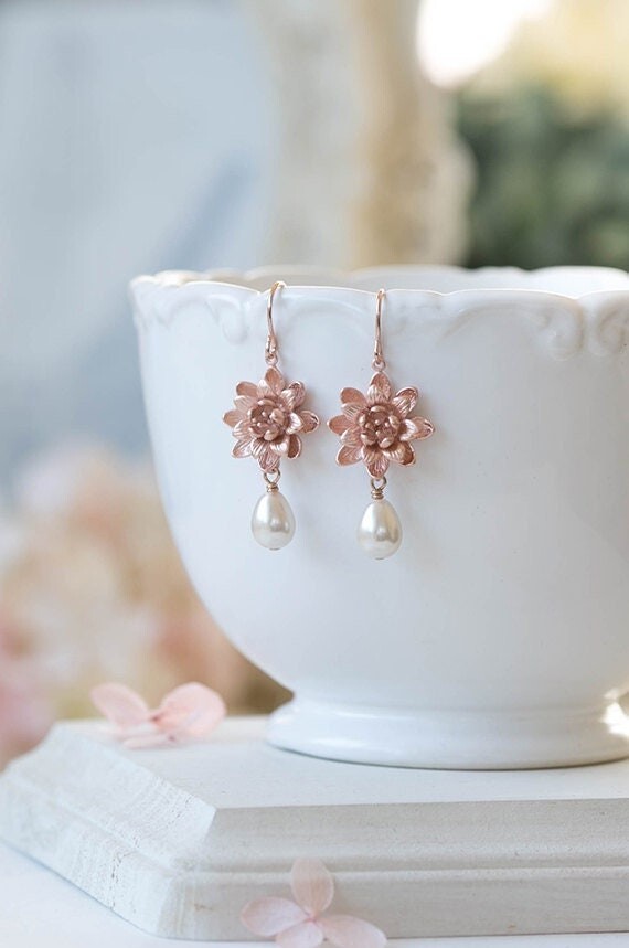 Etsy Rose Gold Lotus Flower Earrings Cream Pearl Dangle Bridal Jewelry