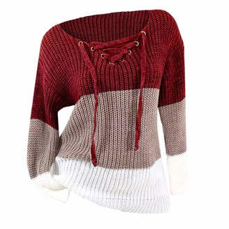 MOTOCO Womens Color Block Knitted Sweater Casual V Neck Lace Drawstring Long Sleeve Jumper Pullover Tops(L