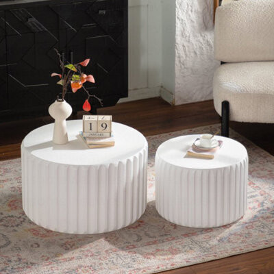 Orren Ellis White Scalloped Round Coffee Table Set: Nesting Design Elegant Curved-Edge Shape For Cozy Living Room Styling