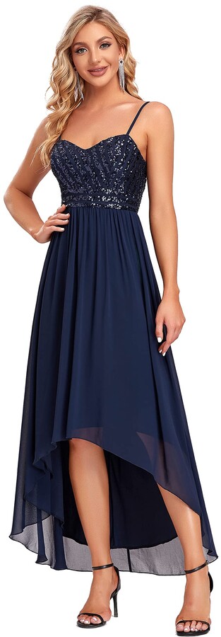 sleeveless v back high low navy blue dress