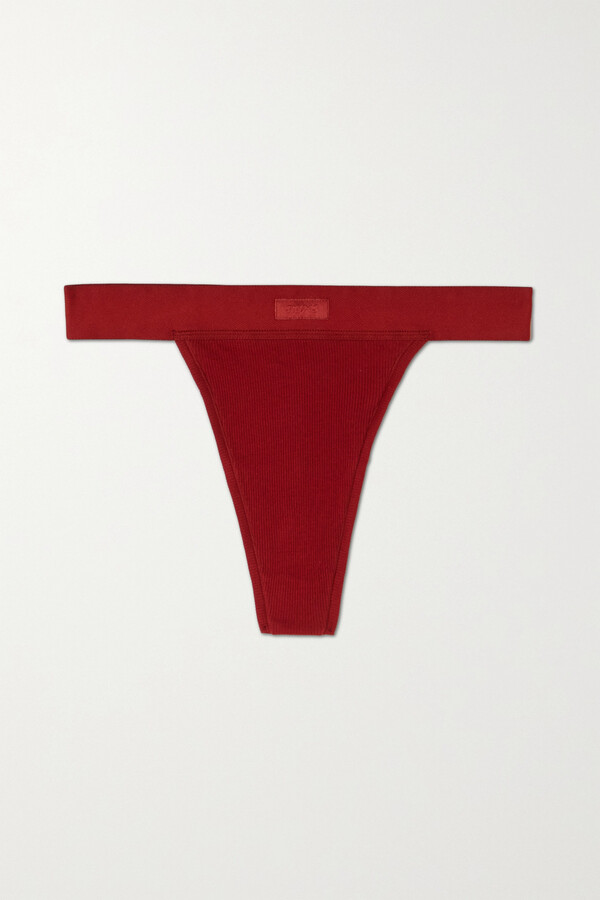 SKIMS Cotton Collection Ribbed Cotton-blend Jersey Thong - Brick