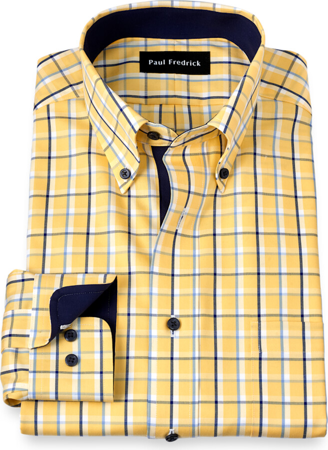 Paul Fredrick Tailored Fit Non-iron Cotton Check Dress Shirt With Contrast Trim