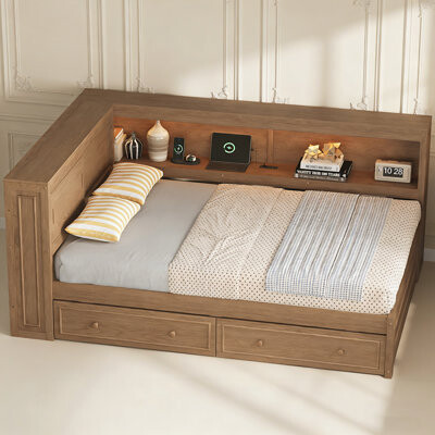 Latitude Run Wood Daybed with Storage Shelves, USB, LED, and 2 Drawers for Modern and Functional Living