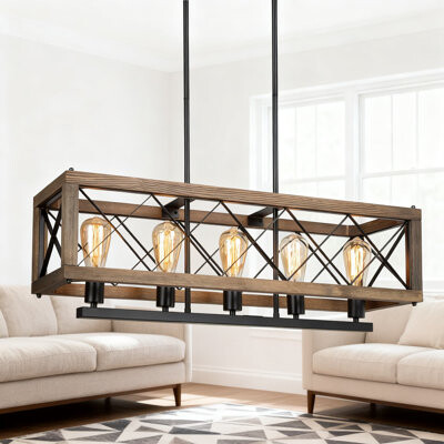 Farmhouse Chandelier With Wood And Metal Design, 5-Light Rectangular Kitchen Island Lighting Fixture, Dimmable Rustic Pendant Light For Dining Room An
